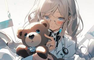 Cute nice young anime nurse giving a teddy bear. . photo