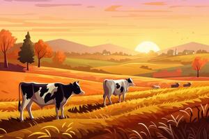 Cows grazing on a farm with sunlight, farm landscape illustration with photo