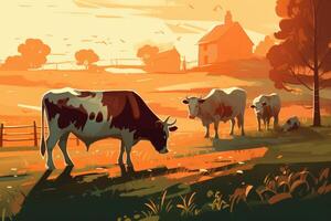 vacas pasto en un granja con luz de sol, granja paisaje ilustración con generativo ai foto