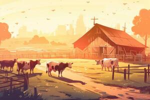 Cows grazing on a farm with sunlight, farm landscape illustration with photo