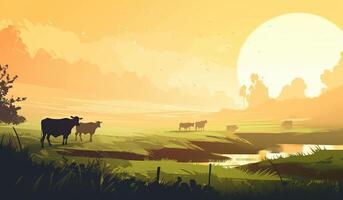 Cows grazing on a farm with sunlight, farm landscape illustration with photo