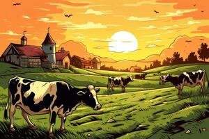 vacas pasto en un granja con luz de sol, granja paisaje ilustración con generativo ai foto