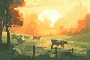 vacas pasto en un granja con luz de sol, granja paisaje ilustración con generativo ai foto