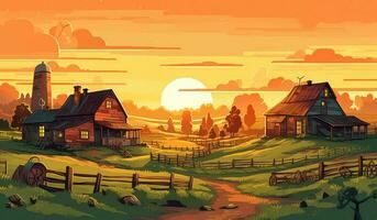 farmhouse in sunlight, farm landscape illustration photo
