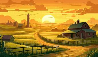 farmhouse in sunlight, farm landscape illustration photo