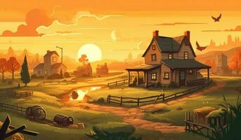 farmhouse in sunlight, farm landscape illustration photo