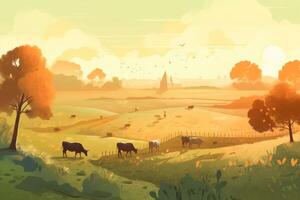 Cows grazing on a farm with sunlight, farm landscape illustration with photo