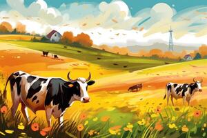 vacas pasto en un granja con luz de sol, granja paisaje ilustración con generativo ai foto