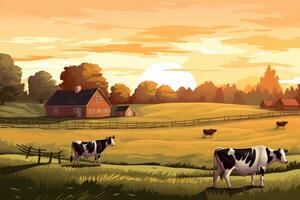 vacas pasto en un granja con luz de sol, granja paisaje ilustración con generativo ai foto