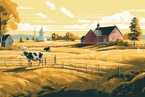 Cows grazing on a farm with sunlight, farm landscape illustration with photo