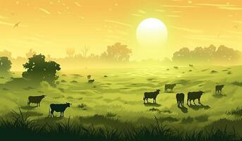 vacas pasto en un granja con luz de sol, granja paisaje ilustración con generativo ai foto