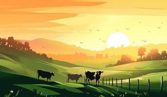 Cows grazing on a farm with sunlight, farm landscape illustration with photo