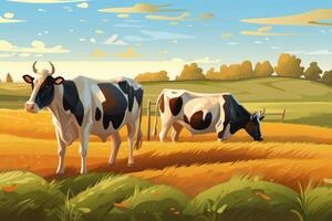 Cows grazing on a farm with sunlight, farm landscape illustration with photo