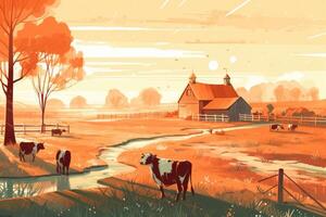 vacas pasto en un granja con luz de sol, granja paisaje ilustración con generativo ai foto