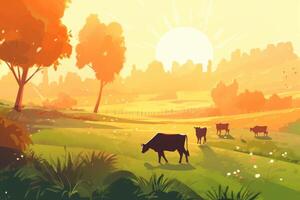 vacas pasto en un granja con luz de sol, granja paisaje ilustración con generativo ai foto