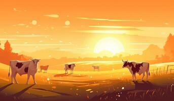 vacas pasto en un granja con luz de sol, granja paisaje ilustración con generativo ai foto