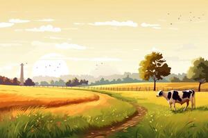 vacas pasto en un granja con luz de sol, granja paisaje ilustración con generativo ai foto