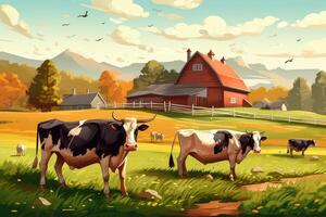 Cows grazing on a farm with sunlight, farm landscape illustration with photo