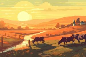 Cows grazing on a farm with sunlight, farm landscape illustration with photo
