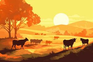 vacas pasto en un granja con luz de sol, granja paisaje ilustración con generativo ai foto