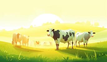 vacas pasto en un granja con luz de sol, granja paisaje ilustración con generativo ai foto