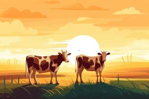 vacas pasto en un granja con luz de sol, granja paisaje ilustración con generativo ai foto