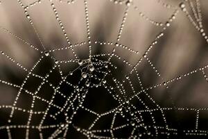 pequeño delicado agua gotas en un araña web en de cerca en un brumoso día foto