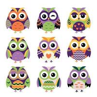 Set of cute bright owls. Owls with different emotions. Vector illustration isolated on white background.