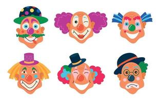 Various clowns. Birthday jester and prankster character with sad and happy expression in colorful costume for kids party celebration. Vector illustration.