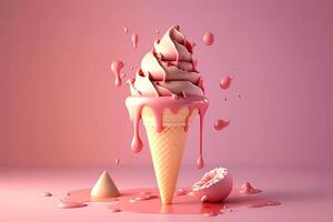 Strawberry iceacream cone melting over pink background. . photo