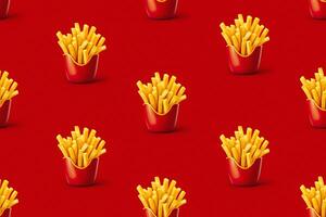 3D design french fries seamless pattern over red background. . photo