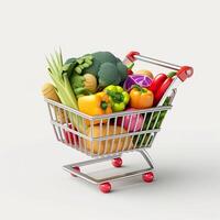 3D design of shopping cart full of food isolated on white background. . photo