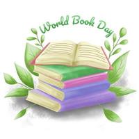 World book day, stack of books with glasses on mint background photo