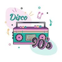 Pink music player with color light loudspeakers and cassette. Clipart of retro tape recorder, notes, text disco 90s. Vector cartoon flat illustration for banner, poster, cover