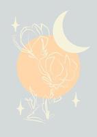 Minimalistic Illustration with magnolia branch and moon. Modern style celestial wall decor. Contemporary artistic poster for print, decoration vector