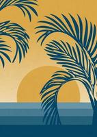 Seaside landscape with sunset view and palms poster. Minimalistic style. vector