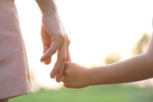 mother and child holding hands in sunset background photo