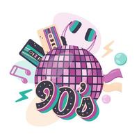 mosaico rosado espejo disco pelota con auriculares, notas, casetes para música jugador, chicle. clipart. música modelo en retro estilo de años 90, Años 80 para nostalgia musical fiesta, publicidad póster. vector