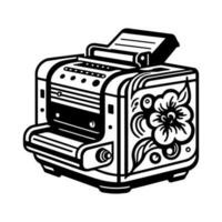 Vintage laser printer with ornate floral motif. Monochrome vector illustration, great for graphic design, print advertising, and technology-related projects.