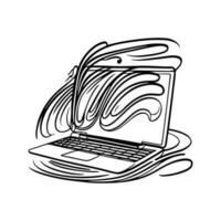Refined line-art laptop computer with minimalist design. Black and white vector illustration, isolated on white background. Perfect for technology, business, and education-related projects.