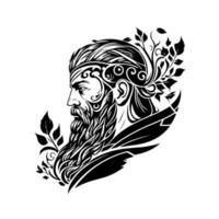 Majestic portrait of a hunter and warrior man with a long beard and mustache. Monochrome vector illustration for badges, emblems, t-shirts. Great for outdoor, adventure, hunting. Isolated on white.