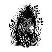 Elusive tiger hiding in the jungle foliage. Abstract, monochrome vector illustration for wildlife, adventure, and jungle themes. Isolated on white.