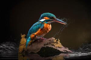Common European Kingfisher river kingfisher flying after emerging from water with caught fish prey in beak photo
