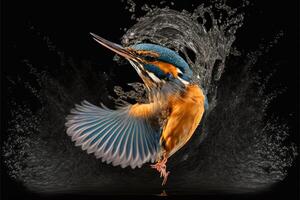 Common European Kingfisher river kingfisher flying after emerging from water with caught fish prey in beak photo