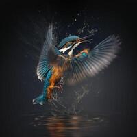 Common European Kingfisher river kingfisher flying after emerging from water with caught fish prey in beak photo