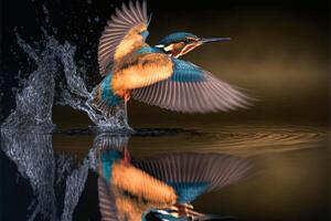 Common European Kingfisher river kingfisher flying after emerging from water with caught fish prey in beak photo
