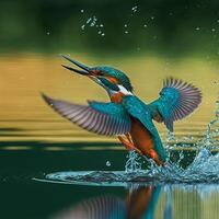 Common European Kingfisher river kingfisher flying after emerging from water with caught fish prey in beak photo