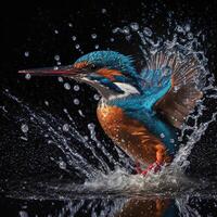 Common European Kingfisher river kingfisher flying after emerging from water with caught fish prey in beak photo