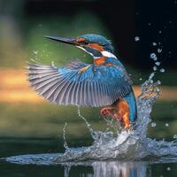 Common European Kingfisher river kingfisher flying after emerging from water with caught fish prey in beak photo
