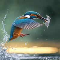 Common European Kingfisher river kingfisher flying after emerging from water with caught fish prey in beak photo